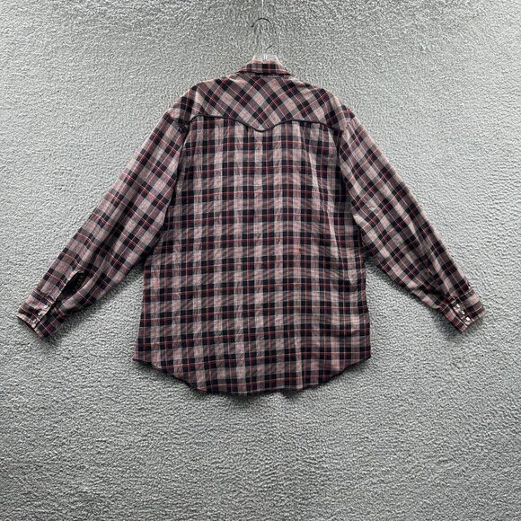 Wrangler Mens Western Shirt‎ Extra Large Red Black Plaid Long Sleeve Pearl Snap - Picture 2 of 14